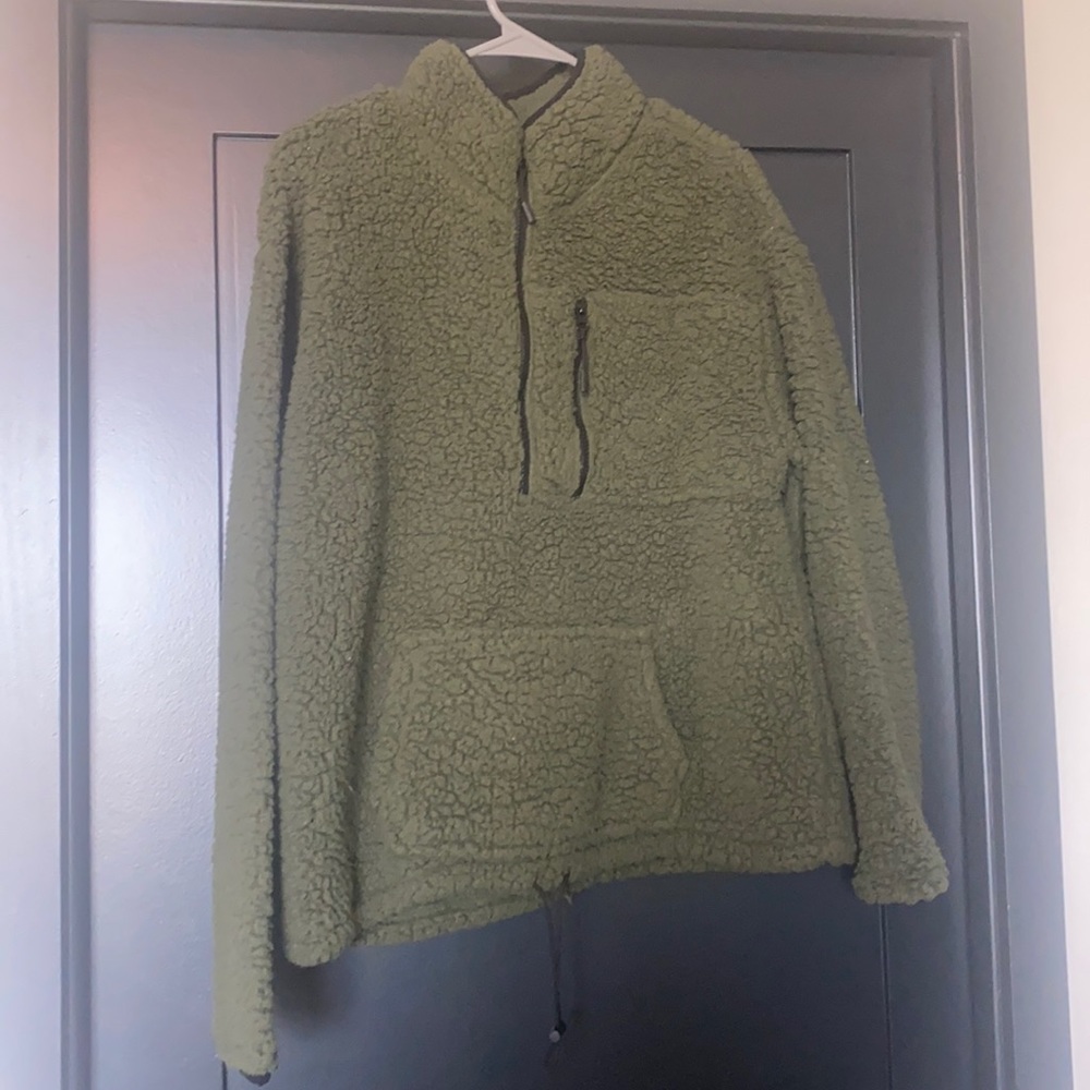 Army green fuzzy sweater.